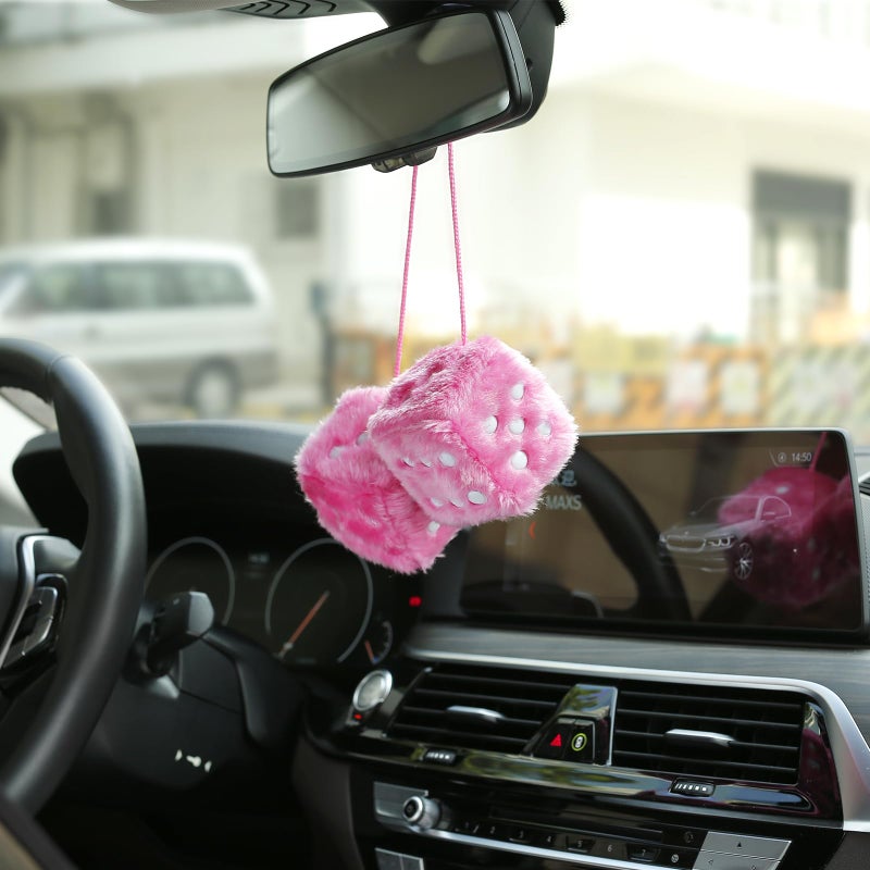 YGMONER Pink Fuzzy Dice for Rear View Mirror  Pair of 2.75 "" Plush Dice Retro Hanging Ornaments Car Interior Rearview Mirror Decor Accessories (Pink) - Image 3